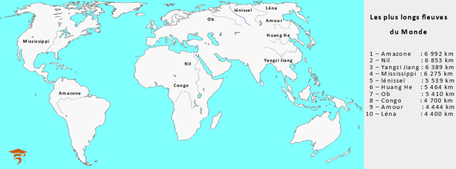 Carte des plus longs fleuves du Monde.
